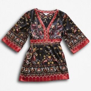 I.C.E. Y2K Paisley Floral Satin Tunic Top Kimono Sleeve‎ Juniors XL Black Red